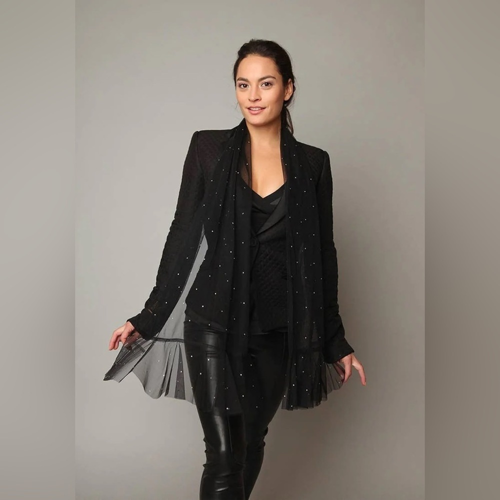 Saachi Black Sheer Ruffle End Rhinestone Detailed Scarf OS